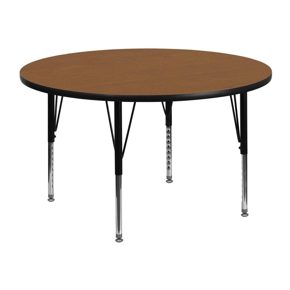 48'' Round Oak Thermal Laminate Activity Table - Height Adjustable Short Legs. Picture 1