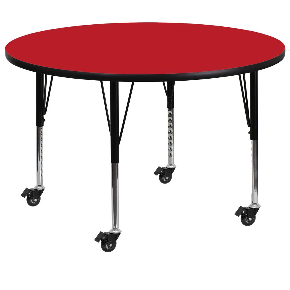 Mobile 48'' Round Red HP Laminate Activity Table - Height Adjustable Short Legs. Picture 1