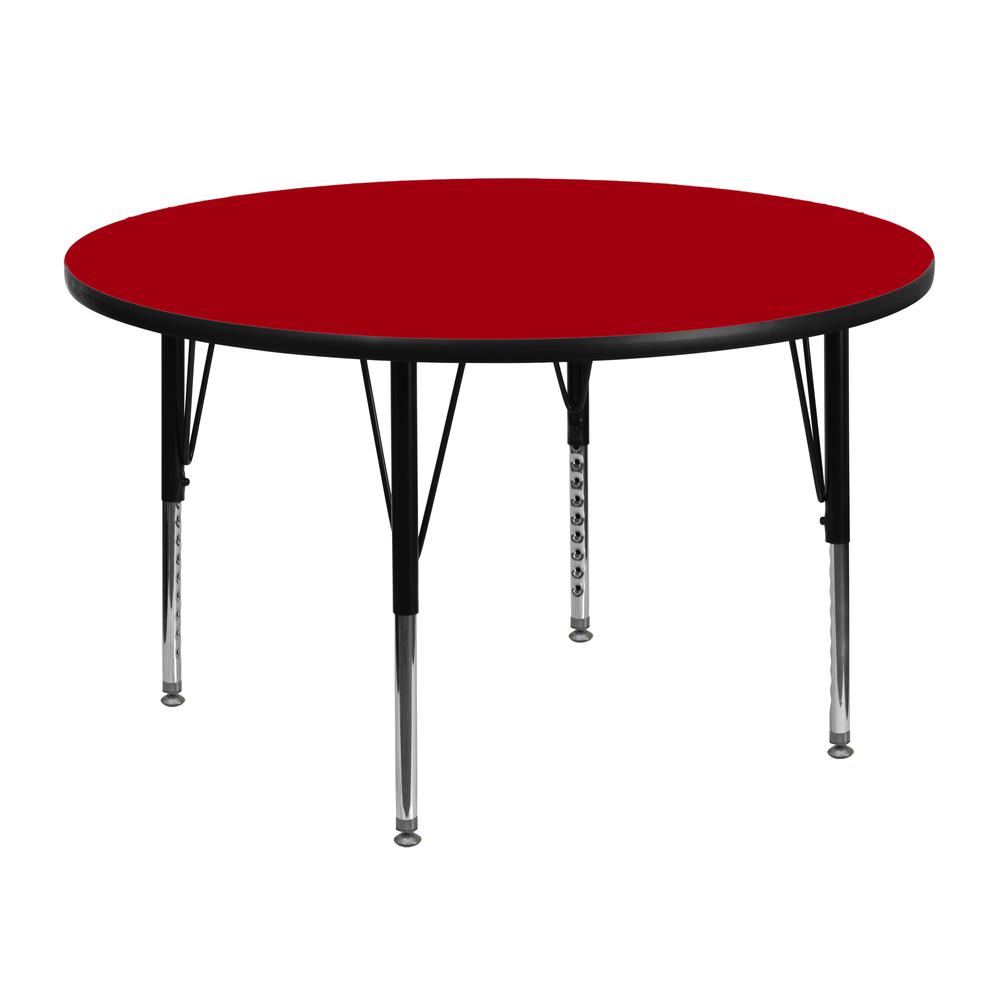 48'' Round Red Thermal Laminate Activity Table - Height Adjustable Short Legs. Picture 1