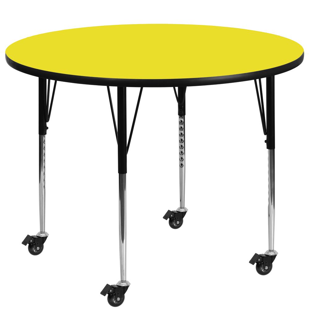 Mobile 48'' Round Yellow HP Laminate Activity Table - Standard Height Adjustable Legs. Picture 1