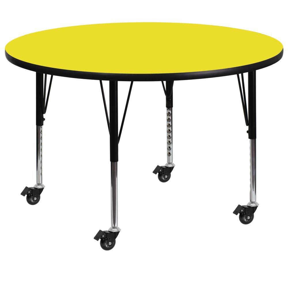 Mobile 48'' Round Yellow HP Activity Table - Height Adjustable Short Legs. Picture 1