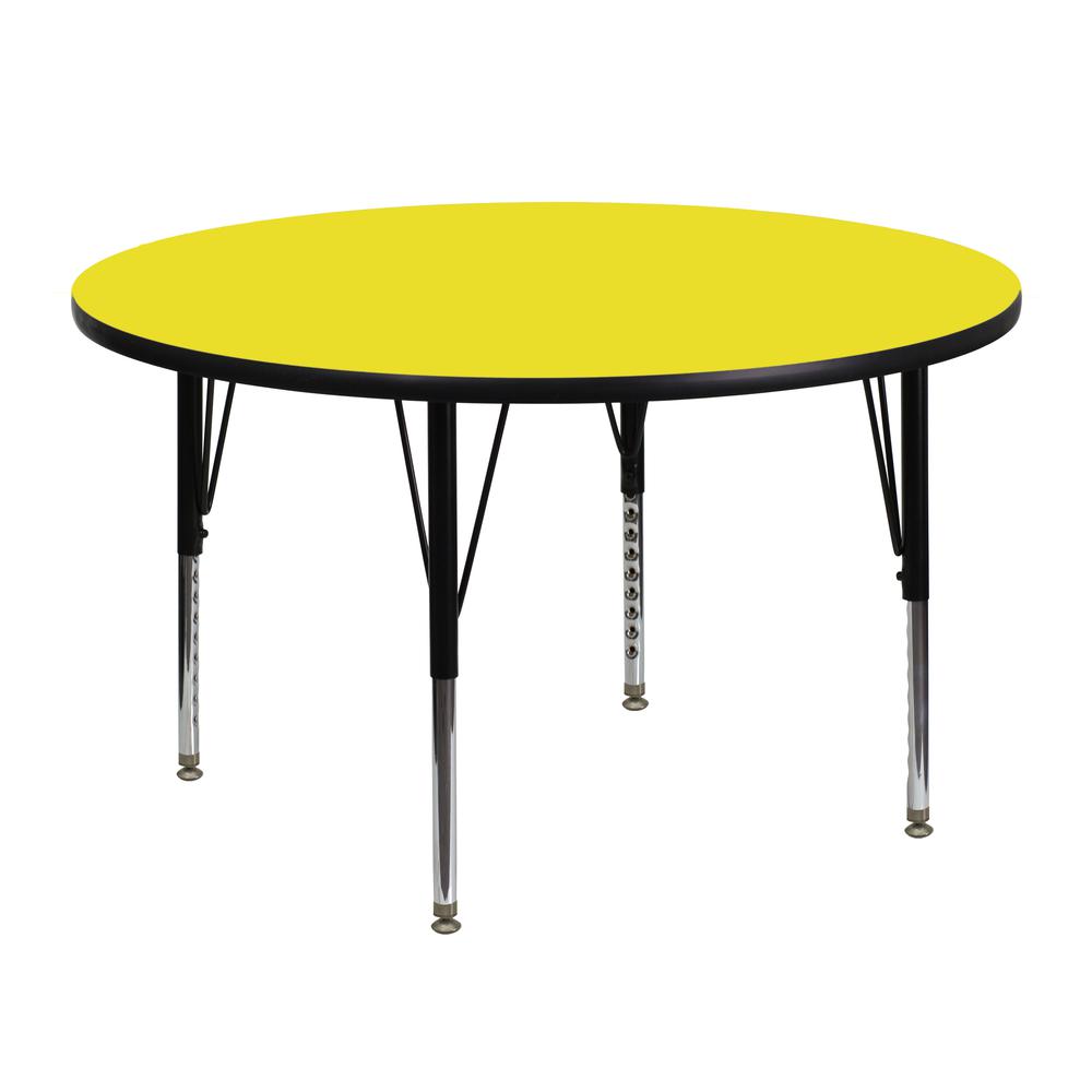 48'' Round Yellow HP Laminate Activity Table - Height Adjustable Short Legs. Picture 1