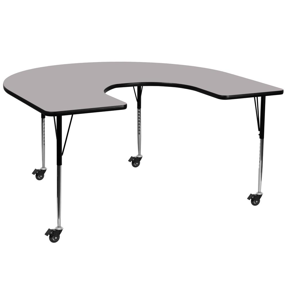 Mobile 60''W x 66''L Horseshoe Grey Thermal Laminate Activity Table - Standard Height Adjustable Legs. Picture 1