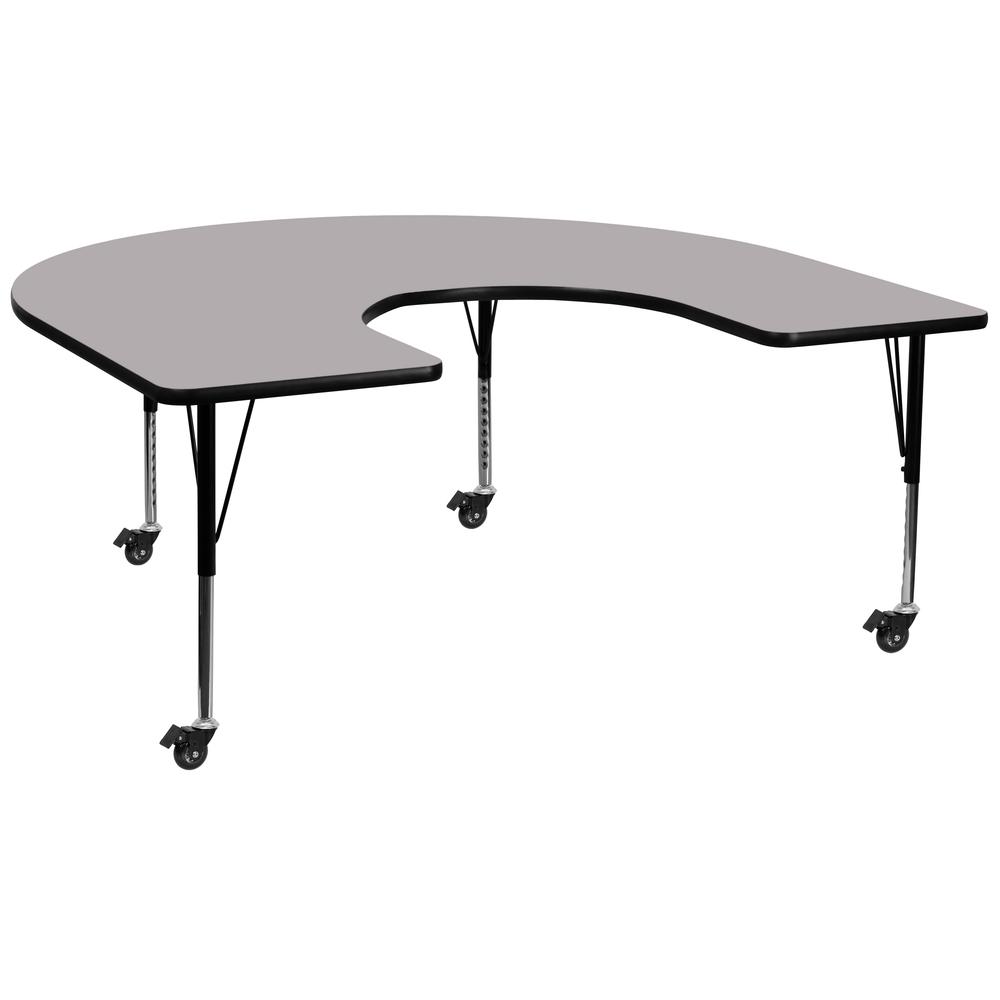 Mobile 60''W x 66''L Horseshoe Grey Thermal Laminate Activity Table - Height Adjustable Short Legs. Picture 1