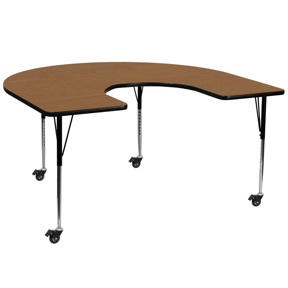 Mobile 60''W x 66''L Horseshoe Oak Thermal Laminate Activity Table - Standard Height Adjustable Legs. Picture 1