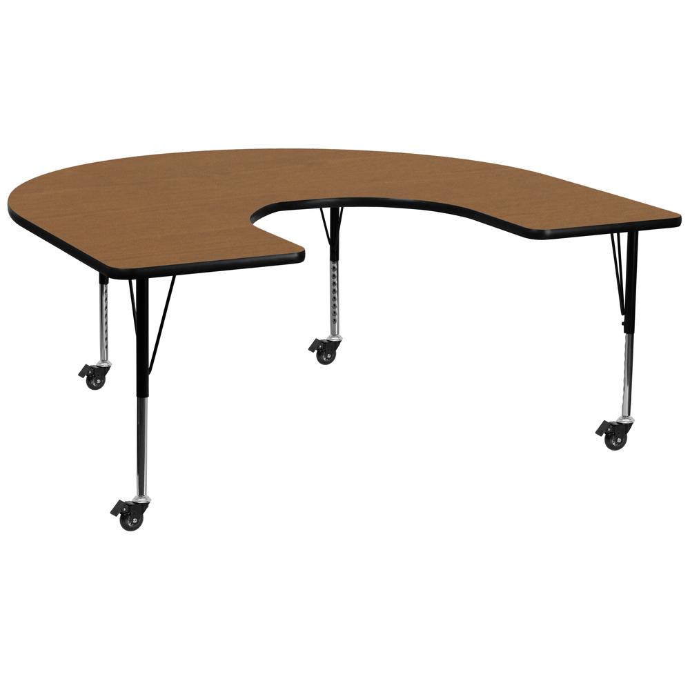 Mobile 60''W x 66''L Horseshoe Oak Thermal Laminate Activity Table - Height Adjustable Short Legs. Picture 1