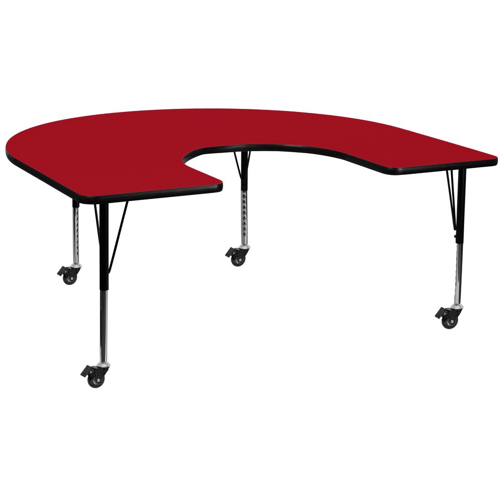 Mobile 60''W x 66''L Horseshoe Red Thermal Laminate Activity Table - Height Adjustable Short Legs. Picture 1
