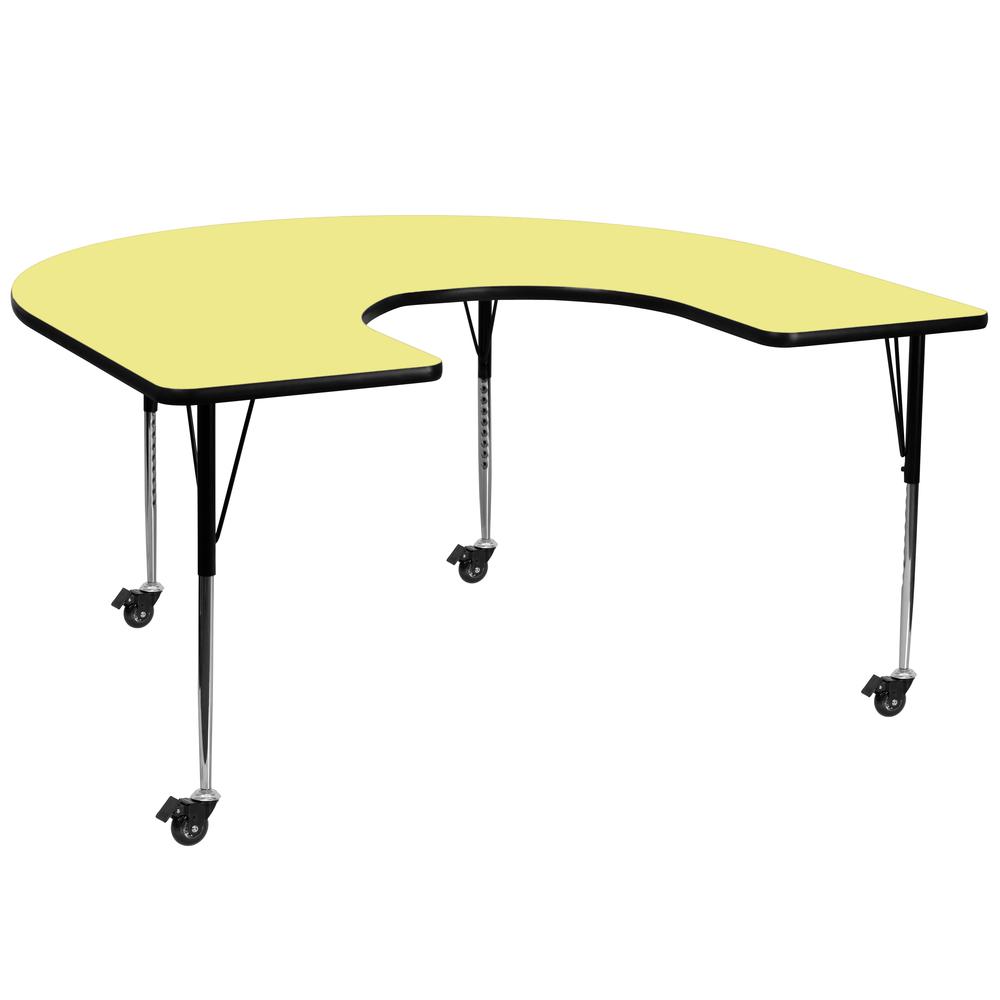 Mobile 60''W x 66''L Horseshoe Yellow Thermal Laminate Activity Table - Standard Height Adjustable Legs. Picture 1