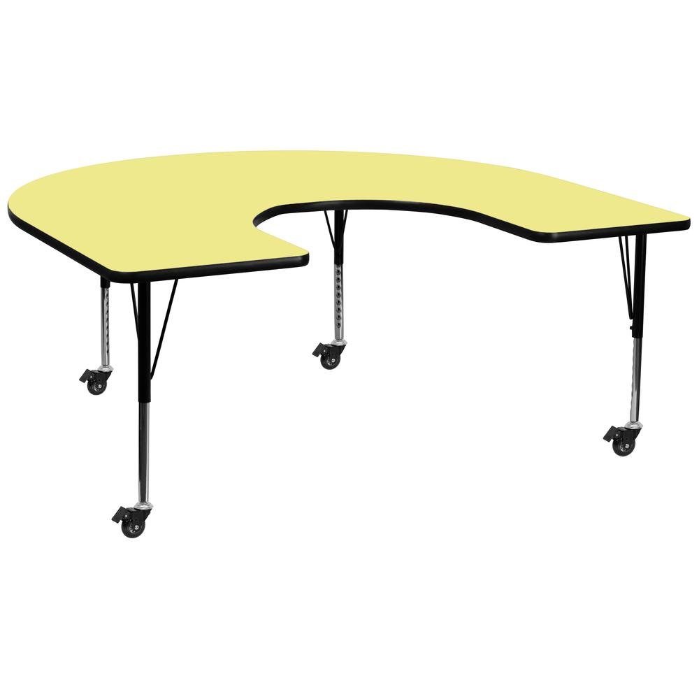 Mobile 60''W x 66''L Horseshoe Yellow Thermal Laminate Activity Table - Height Adjustable Short Legs. Picture 1