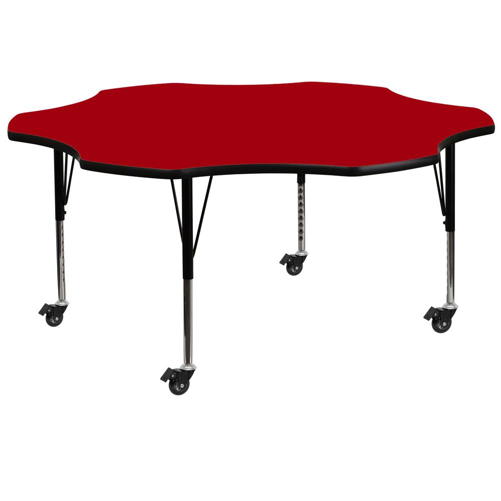 Mobile 60'' Flower Red Thermal Laminate Activity Table - Height Adjustable Short Legs. Picture 1
