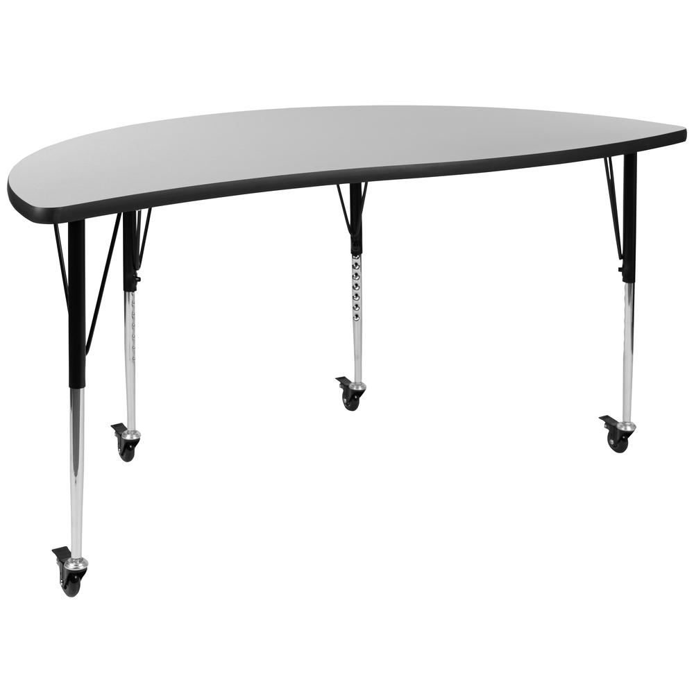 Mobile 60" Half Circle Wave Collaborative Grey Thermal Laminate Activity Table - Standard Height Adjustable Legs. Picture 1