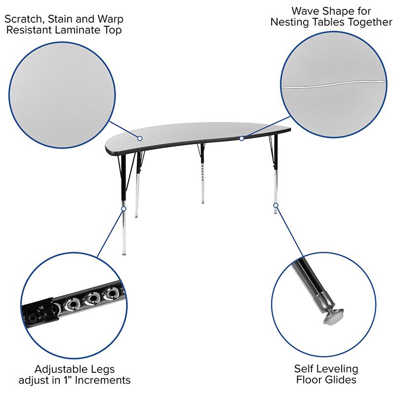 60" Half Circle Wave Collaborative Grey Thermal Laminate Activity Table - Standard Height Adjustable Legs. Picture 4