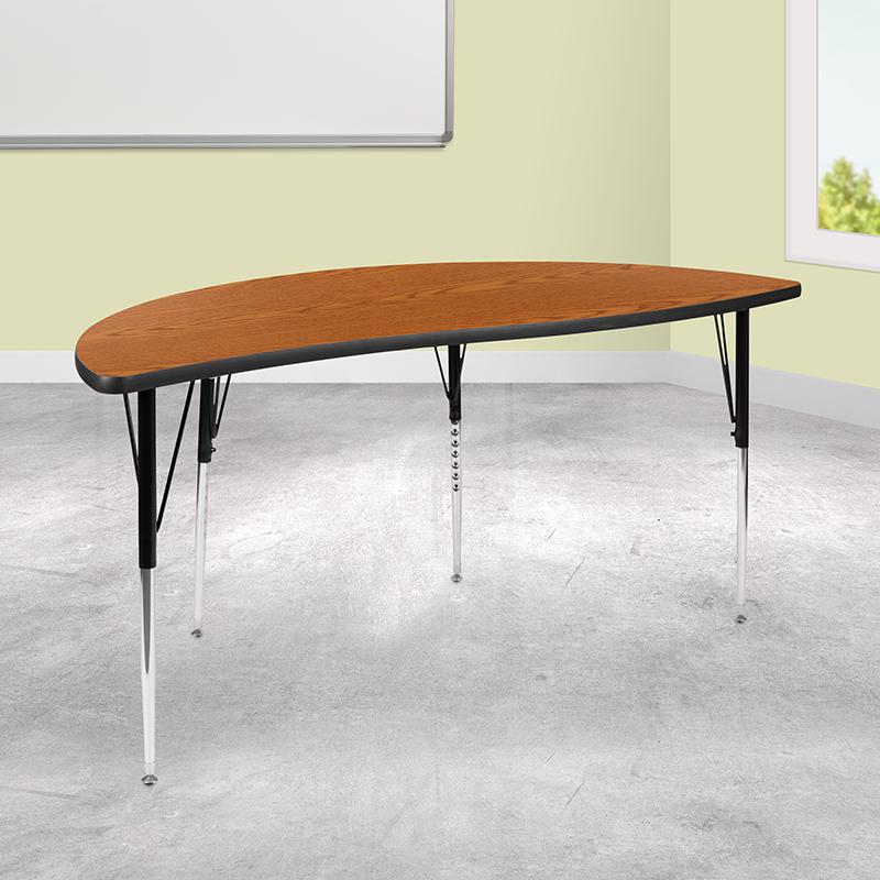60" Half Circle Wave Collaborative Oak Thermal Laminate Activity Table - Standard Height Adjustable Legs. Picture 1