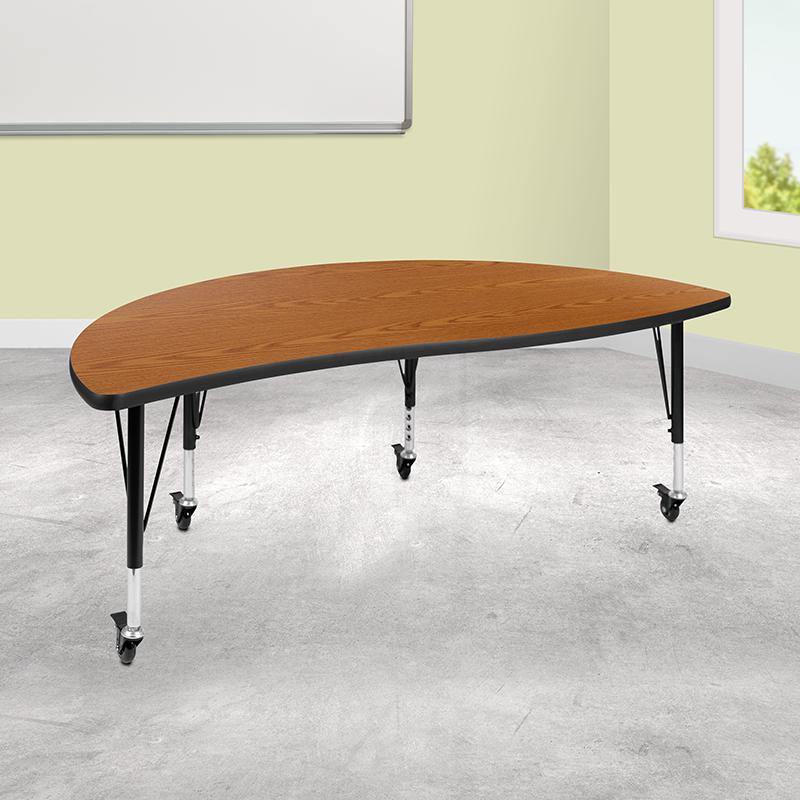 Mobile 60" Half Circle Oak Thermal Activity Table-Height Adjust Short Legs. Picture 1