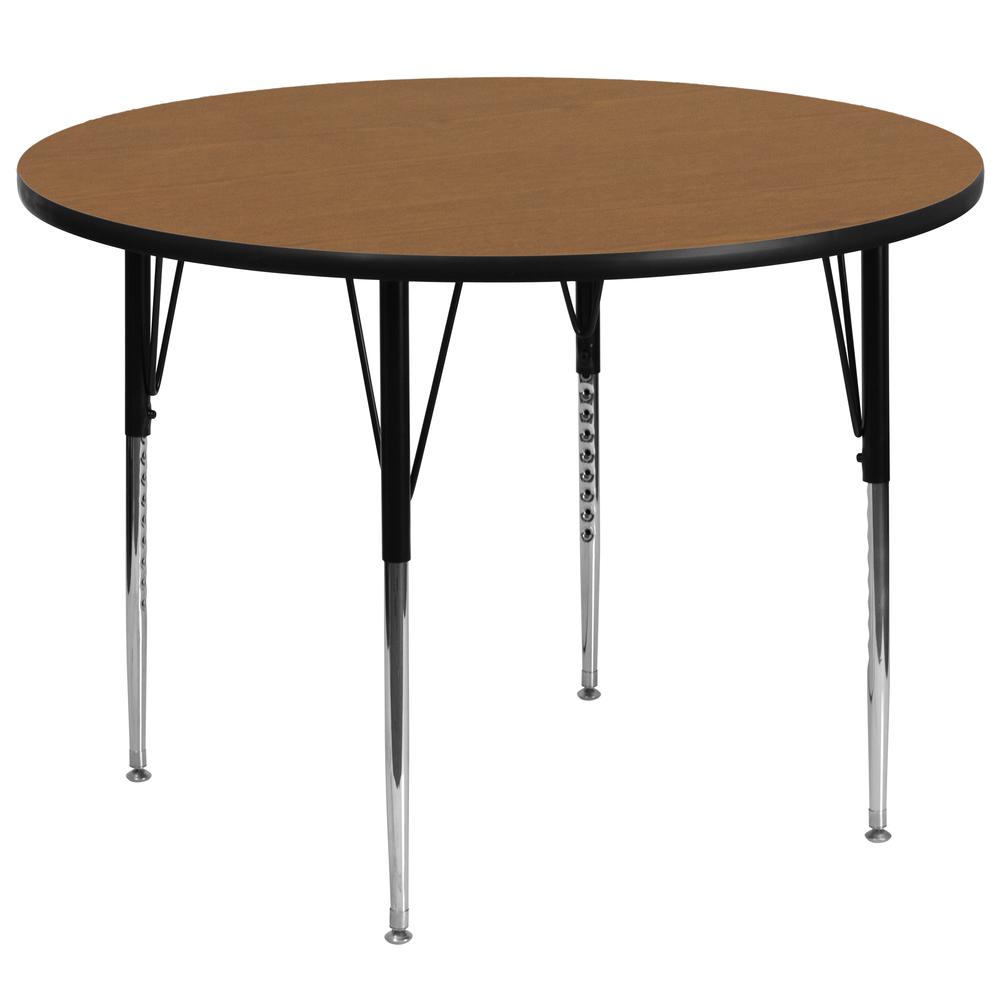 60'' Round Oak Thermal Laminate Activity Table - Standard Height Adjustable Legs. Picture 1