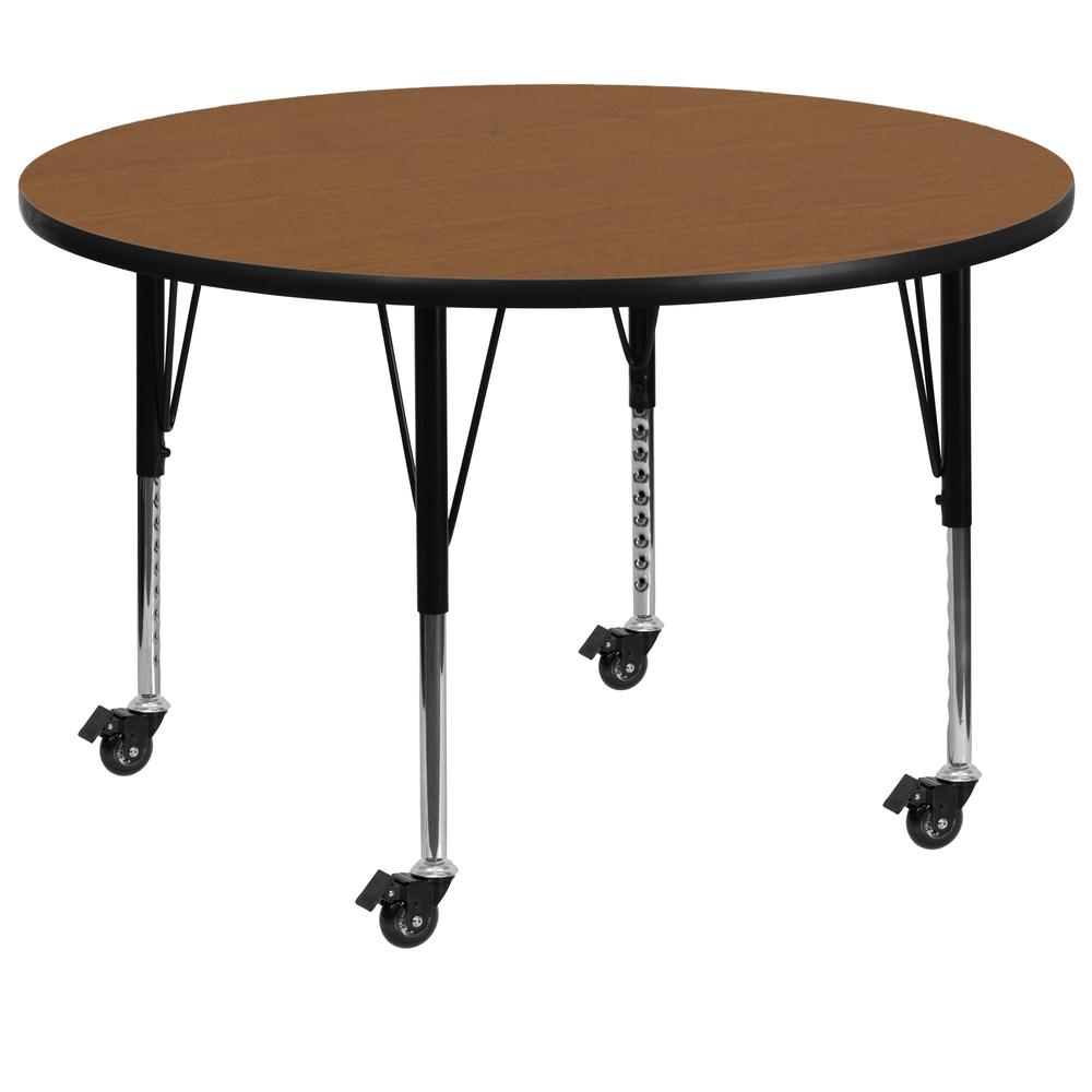 Mobile 60'' Round Oak Thermal Laminate Activity Table - Height Adjustable Short Legs. Picture 1