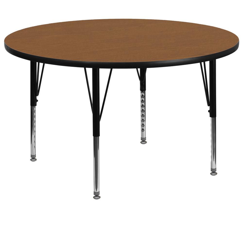 60'' Round Oak Thermal Laminate Activity Table - Height Adjustable Short Legs. Picture 1