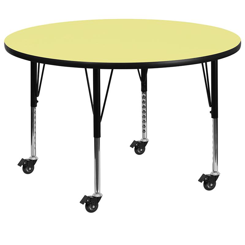 Mobile 60'' Round Yellow Thermal Laminate Activity Table - Height Adjustable Short Legs. Picture 1