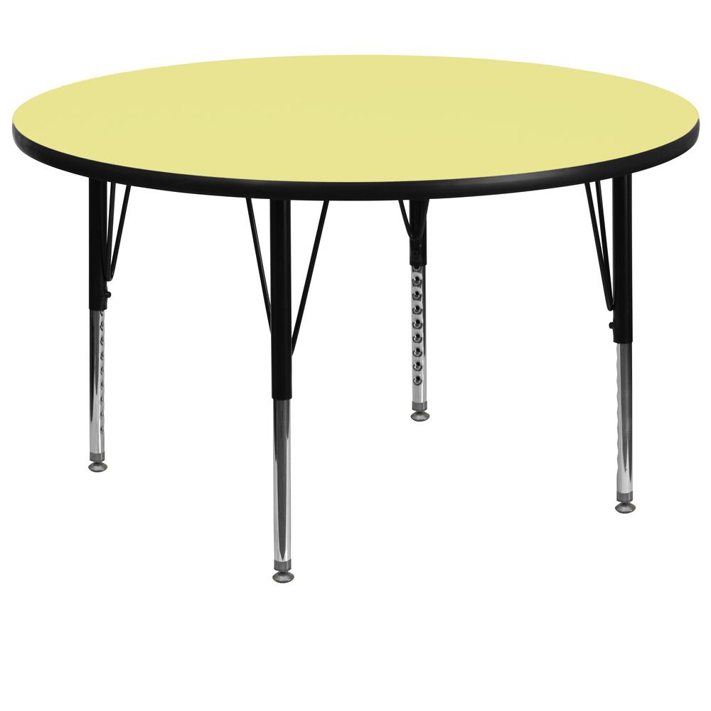 60'' Round Yellow Thermal Laminate Activity Table - Height Adjustable Short Legs. Picture 1