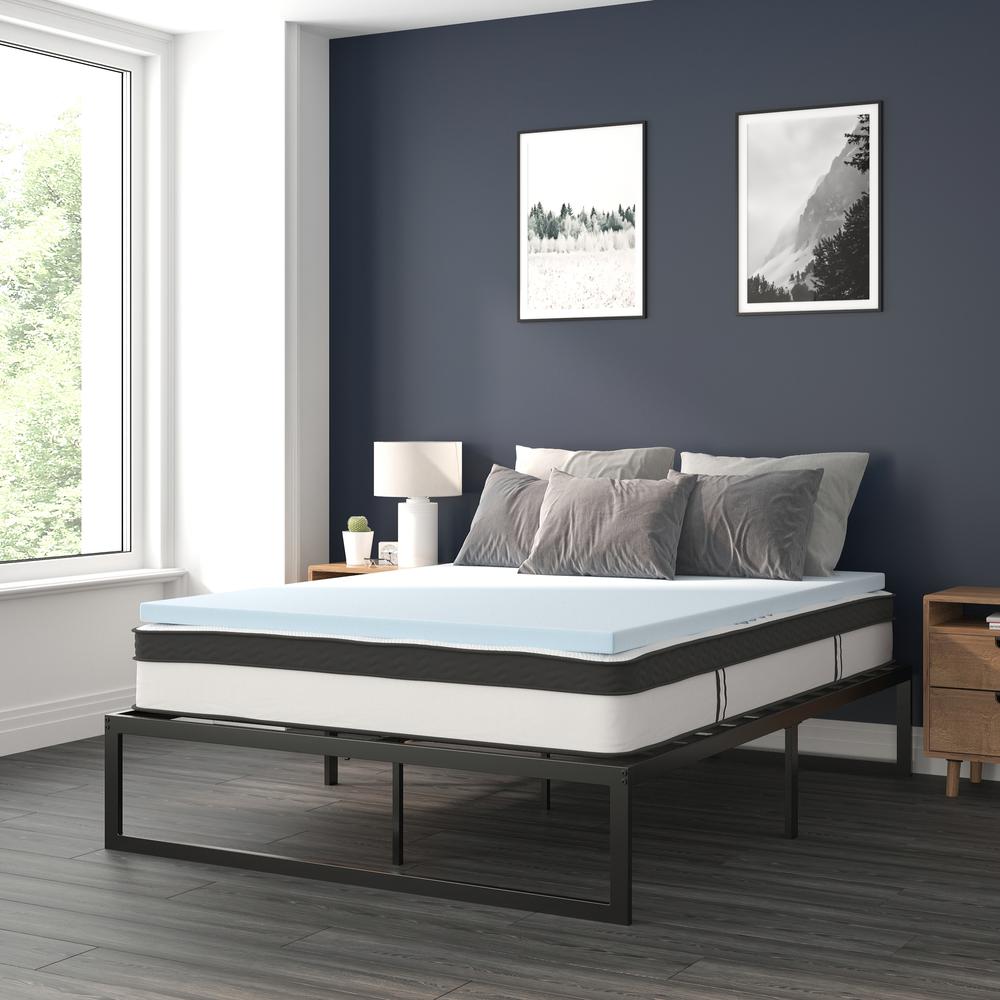 14 in Metal Platform Bed Frame and 2 in Cool Gel Memory Foam Topper - Queen. Picture 2