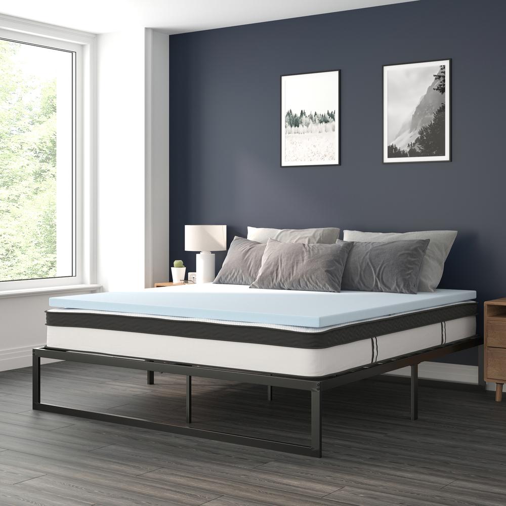 14 in Metal Platform Bed Frame and 3 in Cool Gel Memory Foam Topper - King. Picture 2