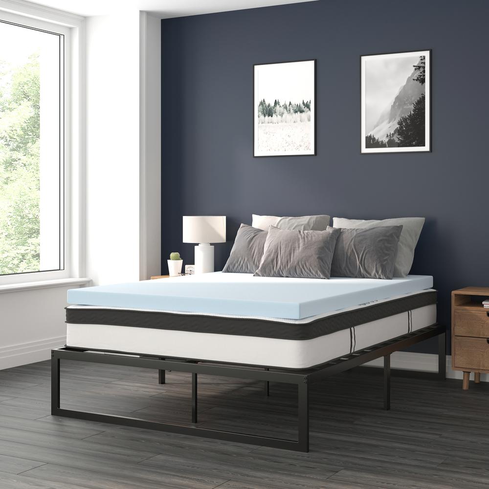 14 in Metal Platform Bed Frame and 3 in Cool Gel Memory Foam Topper - Queen. Picture 2