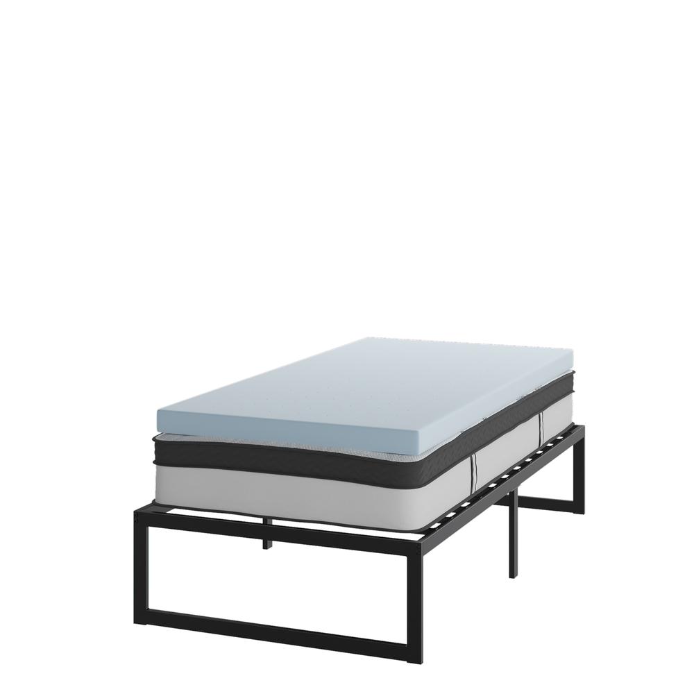 14 in Metal Platform Bed Frame with 12 in Mattress and 3 in Topper - Twin. Picture 1