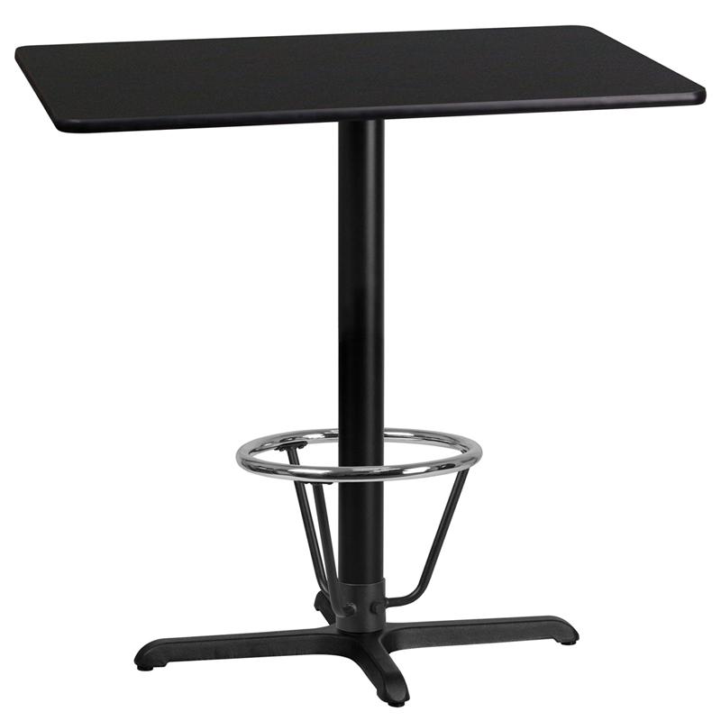 24'' x 42'' Rectangular Black Laminate Table Top with 23.5'' x 29.5'' Bar Height Table Base and Foot Ring. Picture 1