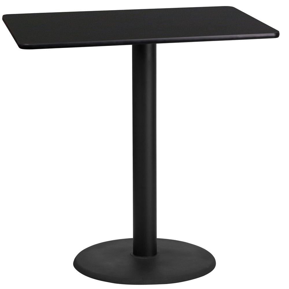 24'' x 42'' Rectangular Black Table Top with 24'' Round Bar Height Table Base. The main picture.