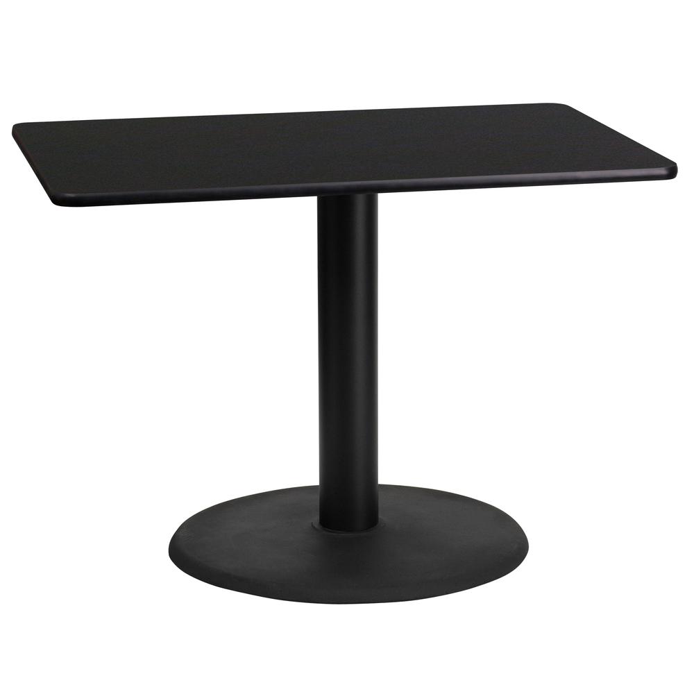 24'' x 42'' Rectangular Black Table Top with 24'' Round Table Height Base. The main picture.