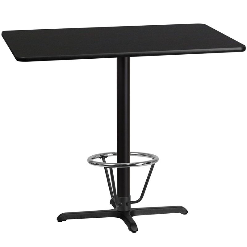 30'' x 48'' Rectangular Black Laminate Table Top with 23.5'' x 29.5'' Bar Height Table Base and Foot Ring. Picture 1