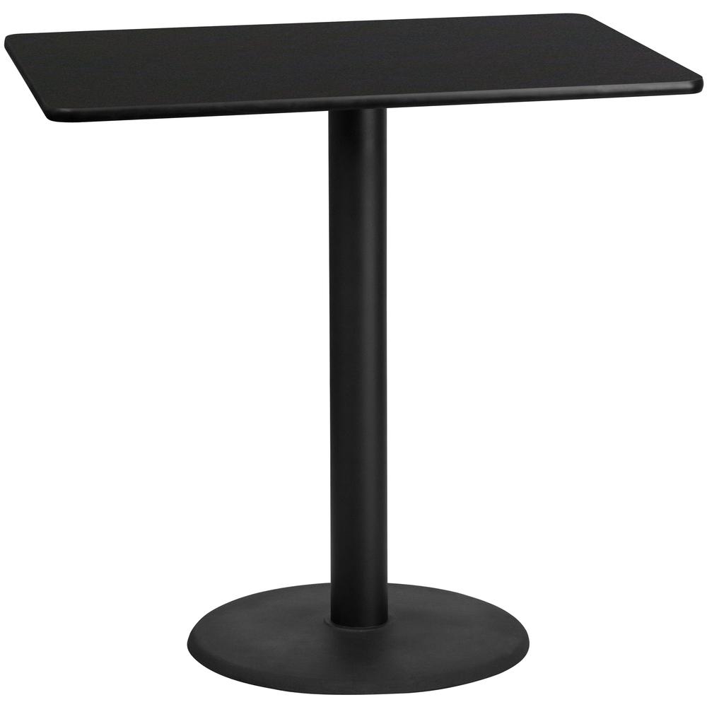 30'' x 48'' Rectangular Black Laminate Table Top with 24'' Round Bar Height Table Base. Picture 1