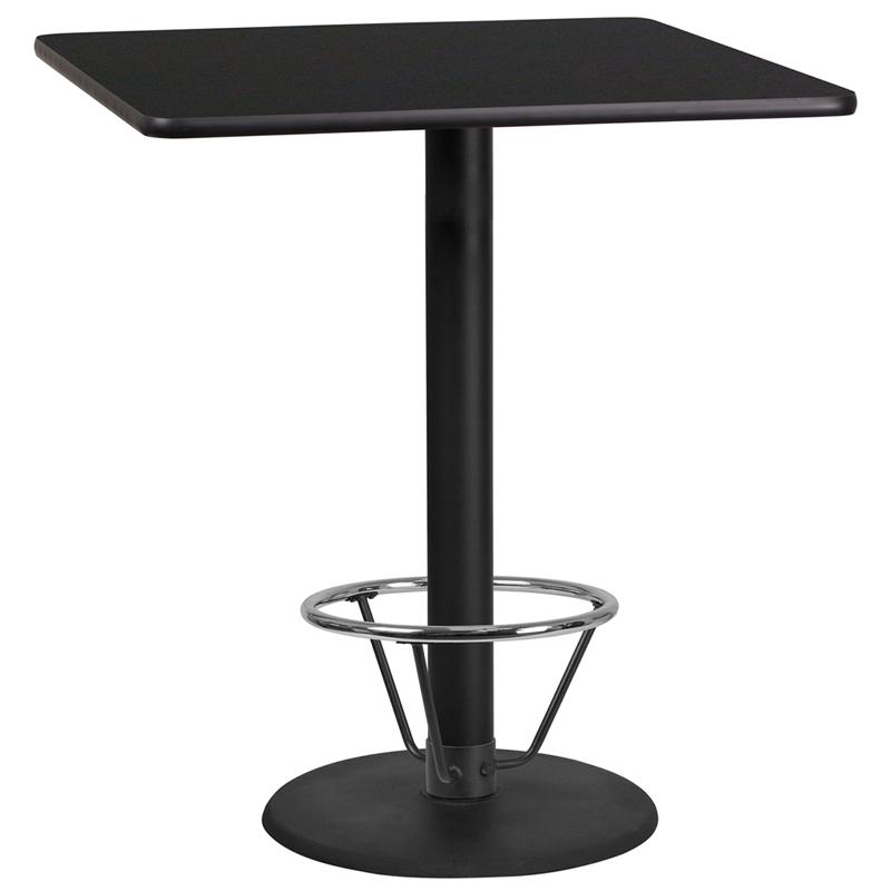 36'' Square Black Table Top with 24'' Round Bar Height Table Base and Foot Ring. Picture 1