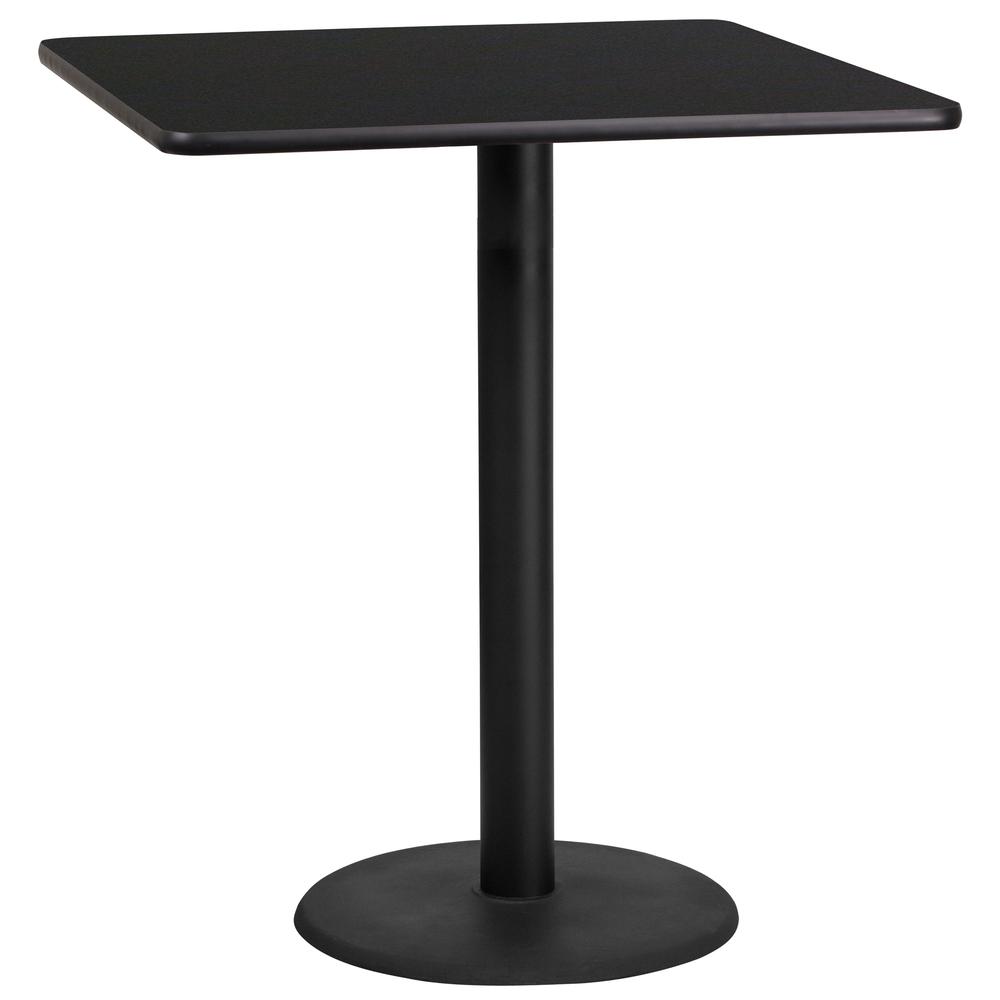 36'' Square Black Laminate Table Top with 24'' Round Bar Height Table Base. Picture 1