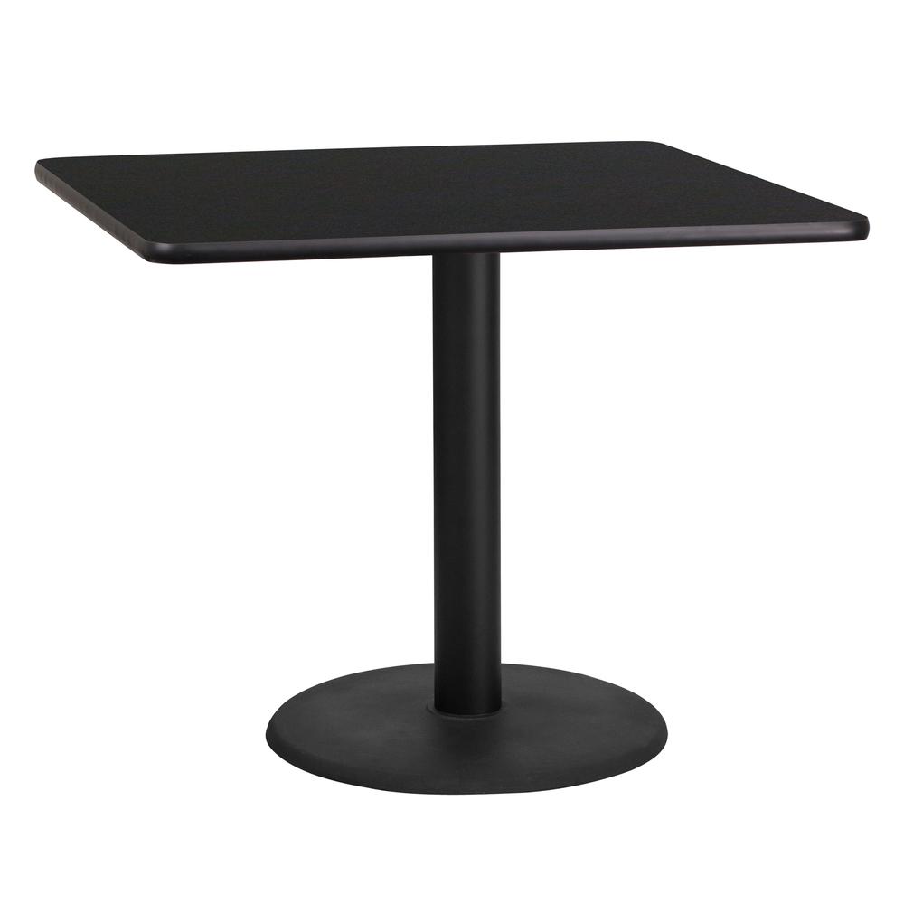 36'' Square Black Laminate Table Top with 24'' Round Table Height Base. Picture 1
