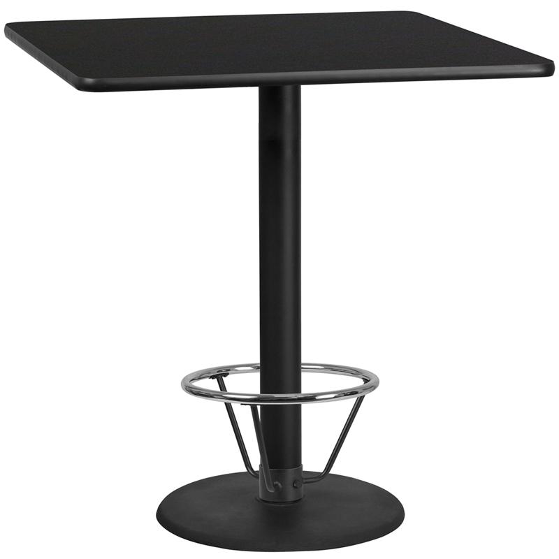 42'' Square Black Table Top with 24'' Round Bar Height Table Base and Foot Ring. Picture 1