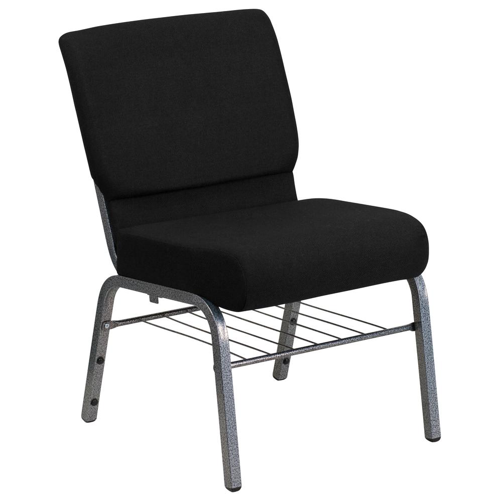21''W Church Chair in Black Fabric with Book Rack - Silver Vein Frame. The main picture.