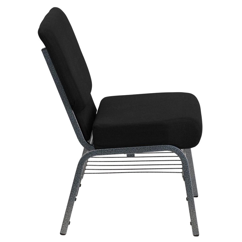21''W Church Chair in Black Fabric with Book Rack - Silver Vein Frame. Picture 2