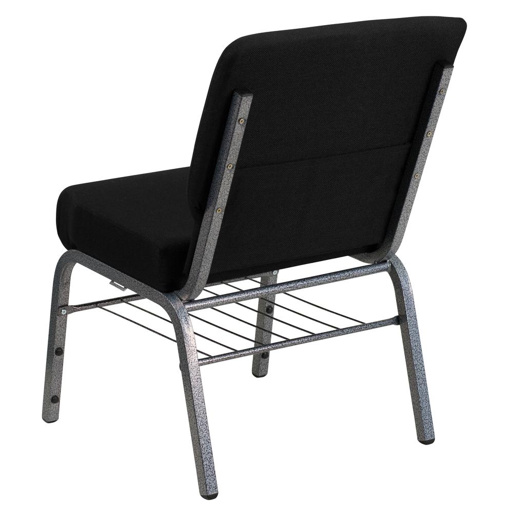 21''W Church Chair in Black Fabric with Book Rack - Silver Vein Frame. Picture 3