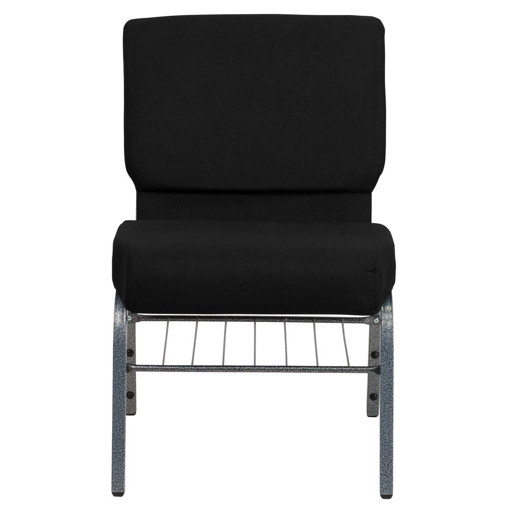 21''W Church Chair in Black Fabric with Book Rack - Silver Vein Frame. Picture 4