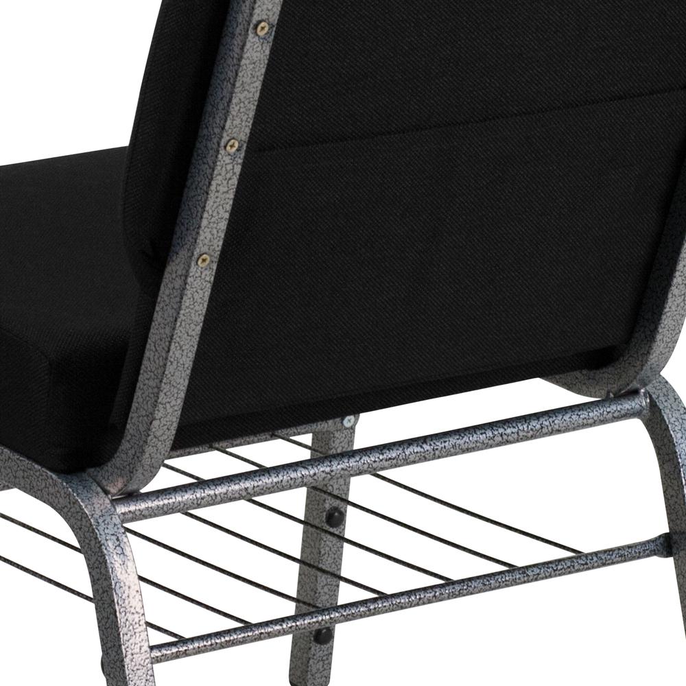 21''W Church Chair in Black Fabric with Book Rack - Silver Vein Frame. Picture 7