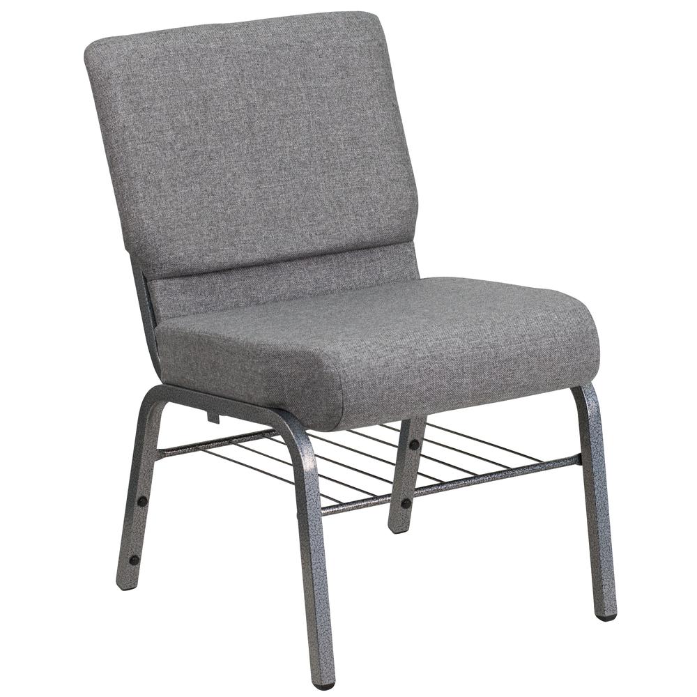 21''W Church Chair in Gray Fabric with Book Rack - Silver Vein Frame. Picture 1