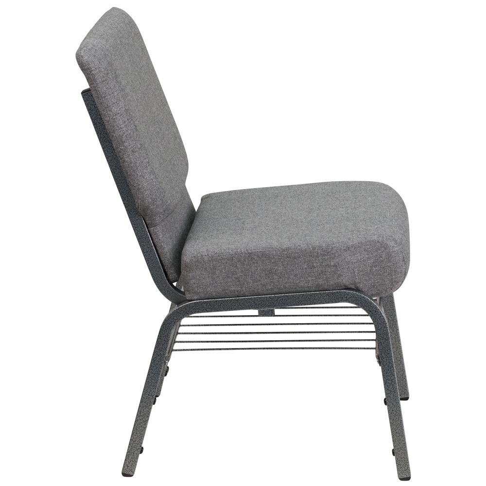 21''W Church Chair in Gray Fabric with Book Rack - Silver Vein Frame. Picture 2
