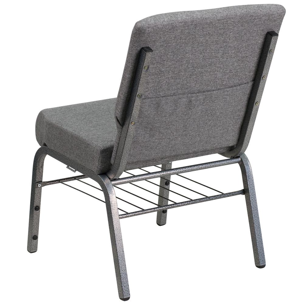 21''W Church Chair in Gray Fabric with Book Rack - Silver Vein Frame. Picture 3