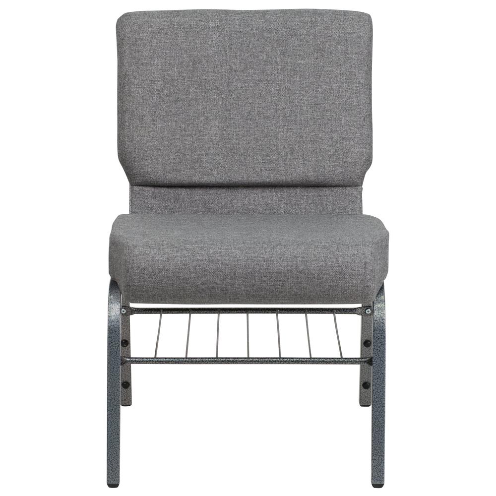 21''W Church Chair in Gray Fabric with Book Rack - Silver Vein Frame. Picture 4