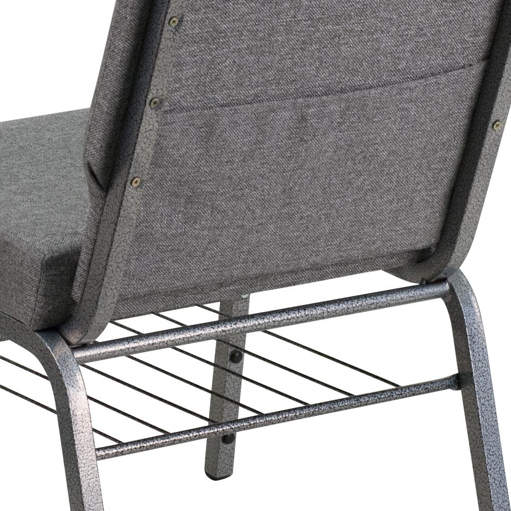 21''W Church Chair in Gray Fabric with Book Rack - Silver Vein Frame. Picture 7