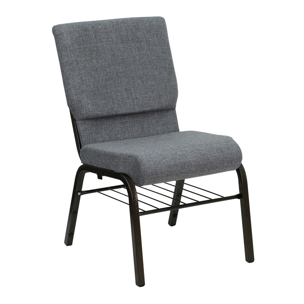 18.5''W Church Chair in Gray Fabric with Book Rack - Gold Vein Frame. Picture 1