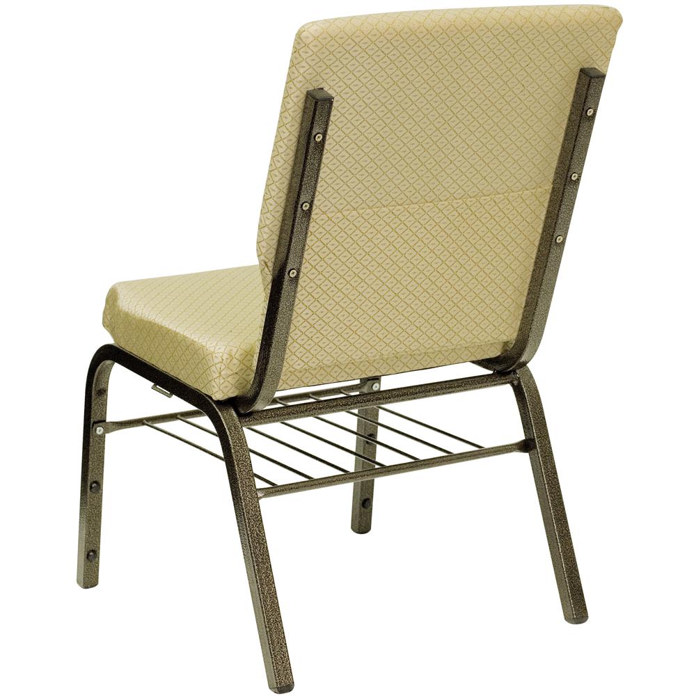 18.5''W Church Chair in Beige Patterned Fabric with Book Rack - Gold Vein Frame. Picture 3