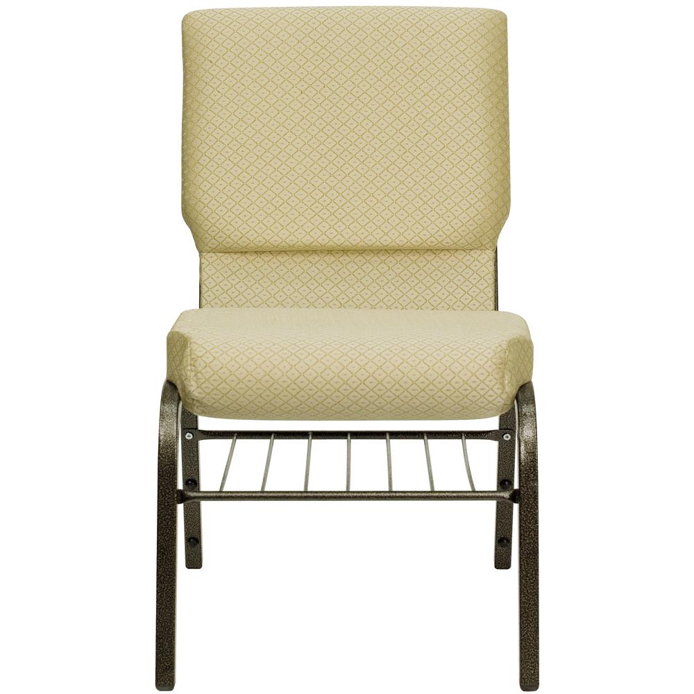 18.5''W Church Chair in Beige Patterned Fabric with Book Rack - Gold Vein Frame. Picture 4