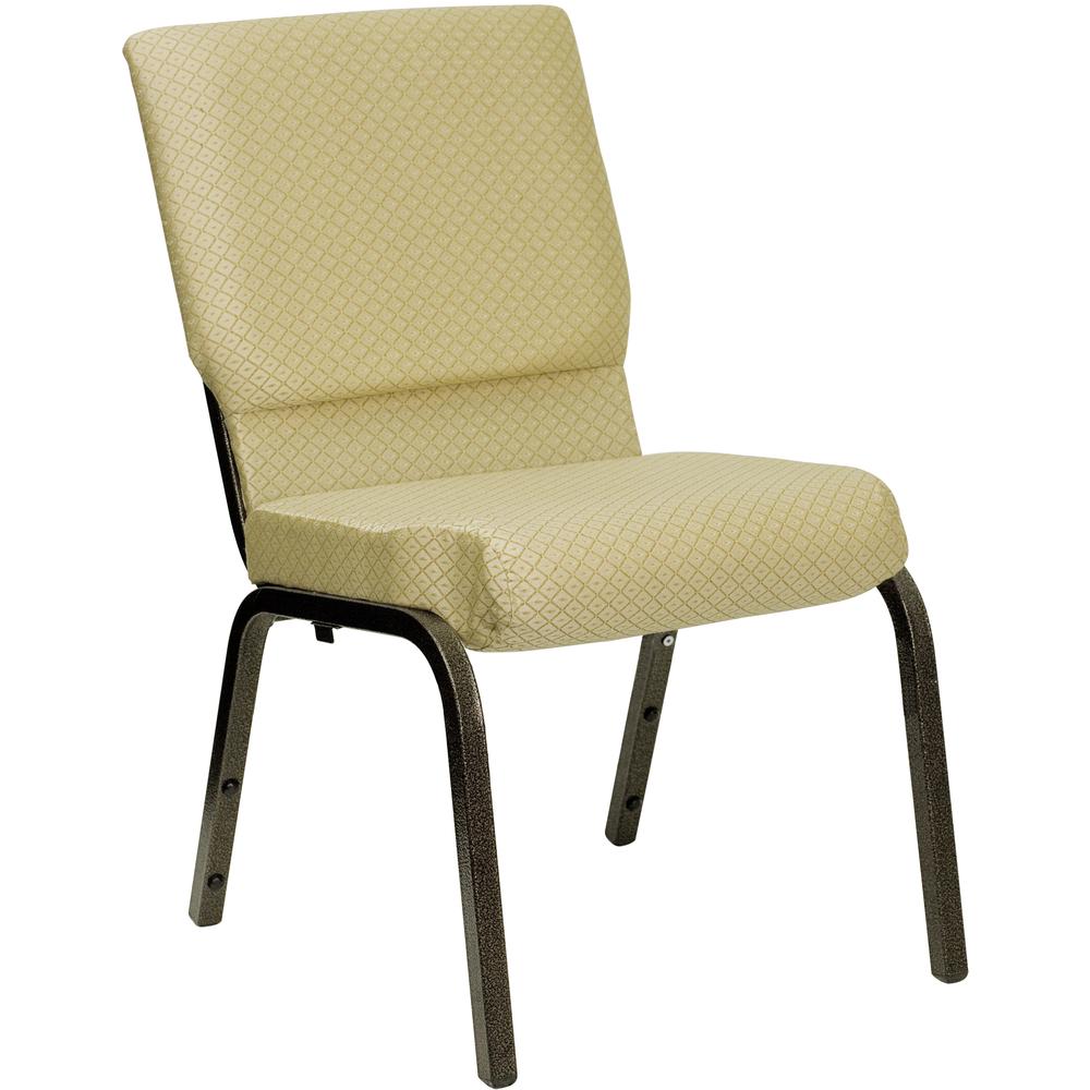 18.5''W Stacking Church Chair in Beige Patterned Fabric - Gold Vein Frame. Picture 1